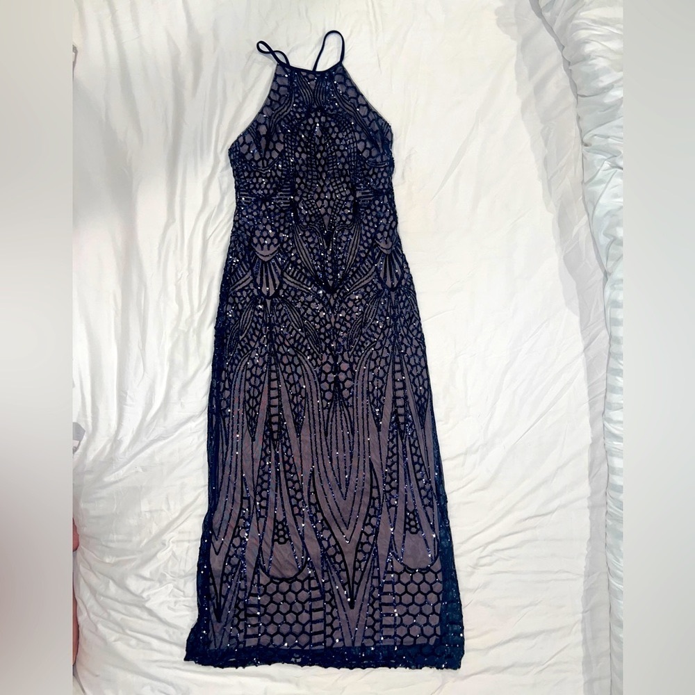 Size 8 Nightway sequin evening dress gown - Navy Blue